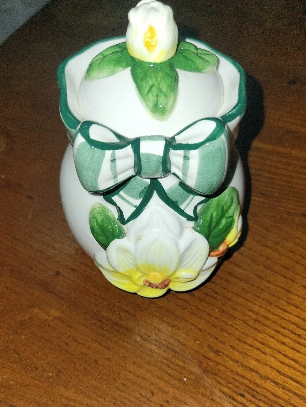 Young's Exclusive Sugar Or Jam Jar White Ceramic Floral  with Green Bow